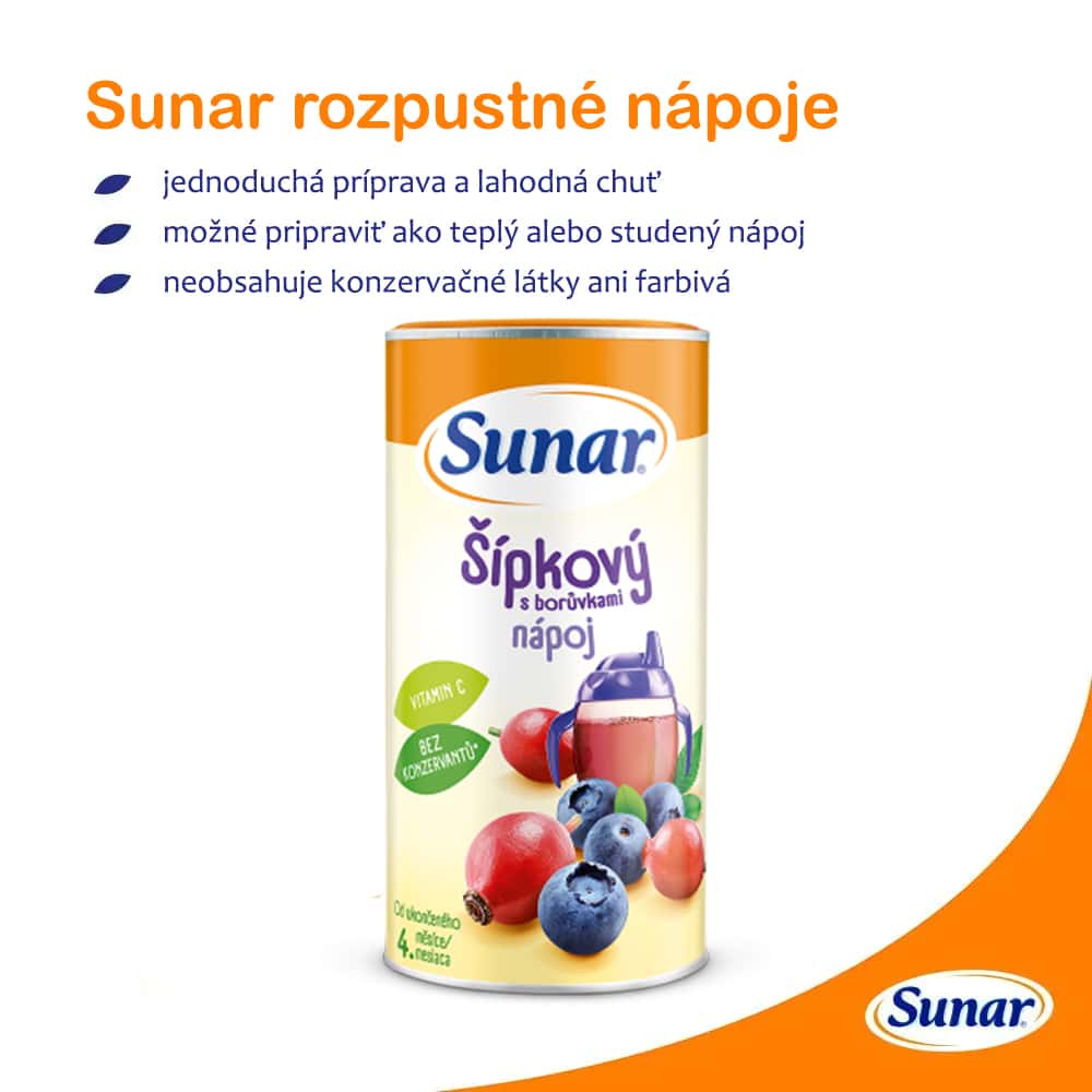 Sunar Rozpustný nápoj Šípkový s čučoriedkami v prášku 4m+, 200g