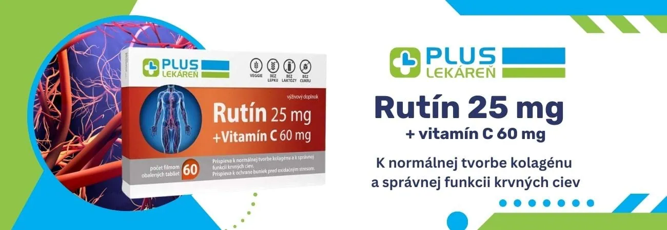 Výživový doplnok PLUS LEKÁREŇ Rutín 25 mg + vitamín C 60 mg k normálnej tvorbe kolagénu a správnej funkcii krvných ciev