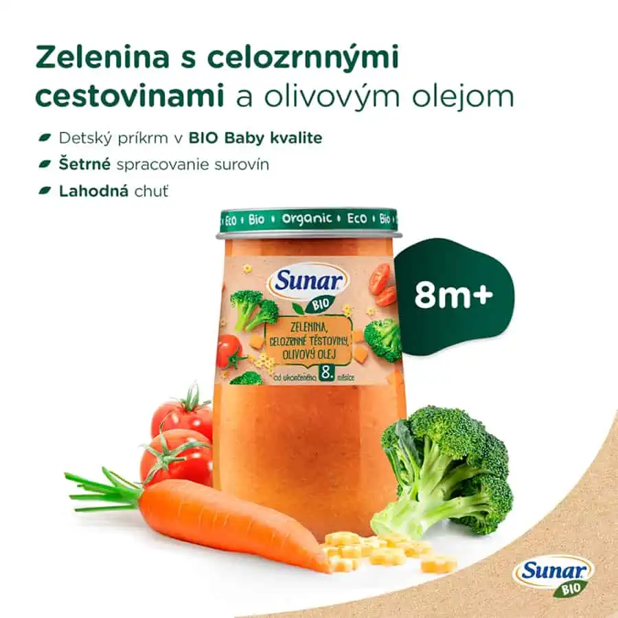 Sunar BIO príkrm Zelenina, Celozrnné cestoviny 8m+, 190g