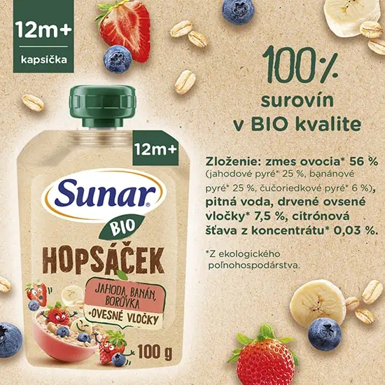 Sunar BIO HOPSÁČEK Kapsička Jahoda, banán, čučoriedka + ovsené vločky deťom