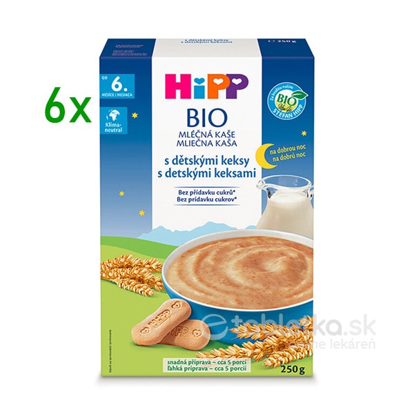 HIPP BIO mliečna kaša dobrú noc s detskými keksami 6+, 6x250g