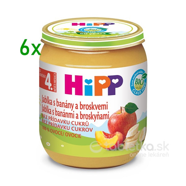 HiPP Príkrm 100% Ovocie Jablká banány a broskyne 4m+, 6x125g