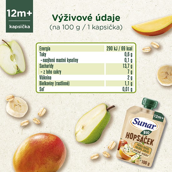 Sunar BIO HOPSÁČEK Kapsička Mango, banán, hruška, jablko a ovsené vločky - výživové údaje