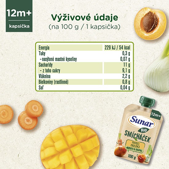Sunar BIO SMÍCHÁČEK Kapsička Mango, marhuľa + mrkva a fenikel - výživové údaje
