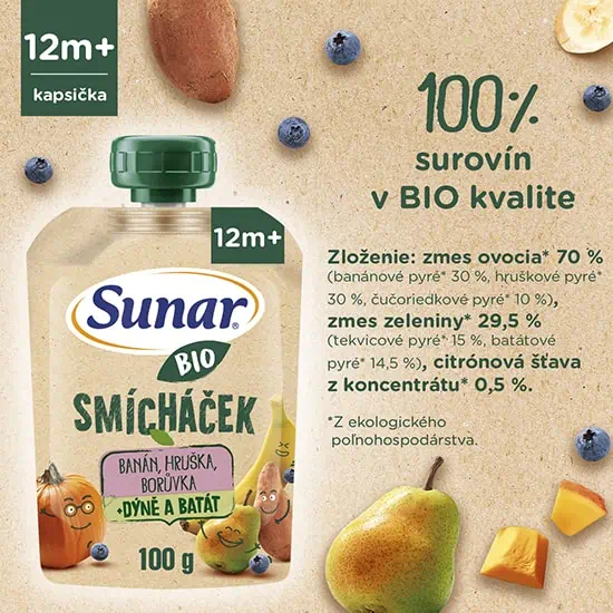 Sunar BIO SMÍCHÁČEK Kapsička Banán, hruška, čučoriedka, tekvica a batata