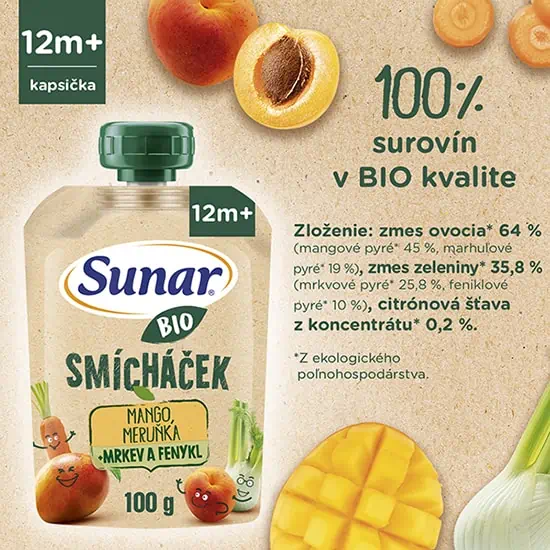 Sunar BIO SMÍCHAČEK Kapsička Mango, marhuľa + mrkva a fenikel