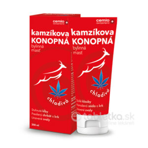 Červená škatuľa a tuba Cemio Kamzíkova konopná masť chladivá 200 ml, biely kamzík, modrý list konopy, slovenský text.