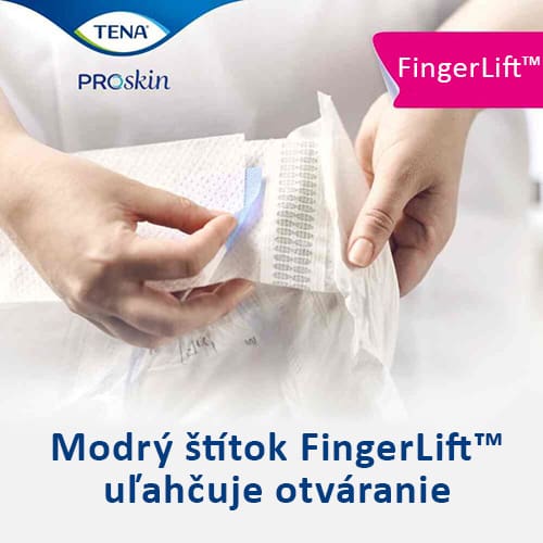 Modrý štítok FingerLift uľahčuje otváranie nohavičiek TENA Flex
