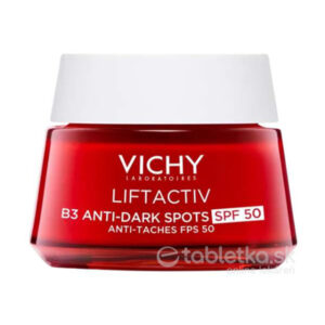 Červený téglik VICHY LIFTACTIV B3 SPF 50 krém proti pigmentovým škvrnám a vráskam 50 ml s bielym viečkom a predným štítkom.