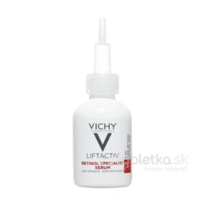 Biela fľaša VICHY LIFTACTIV RETINOL SPECIALIST sérum proti starnutiu pleti 30ml s úzkym aplikátorom a nápisom retinol vpredu.