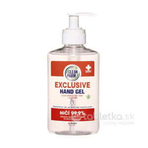 Priehľadná plastová pumpička AVROPA CleanPharm Hand Gel Exclusive, 250 ml, s aloe vera a tea tree, antibakteriálny gél na ruky.
