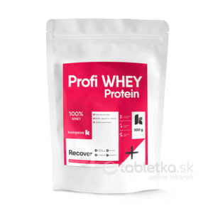 Biele vrecko Kompava Profi WHEY Protein čokoládová príchuť 500g s červenobielym dizajnom, obsahuje srvátkový proteín.