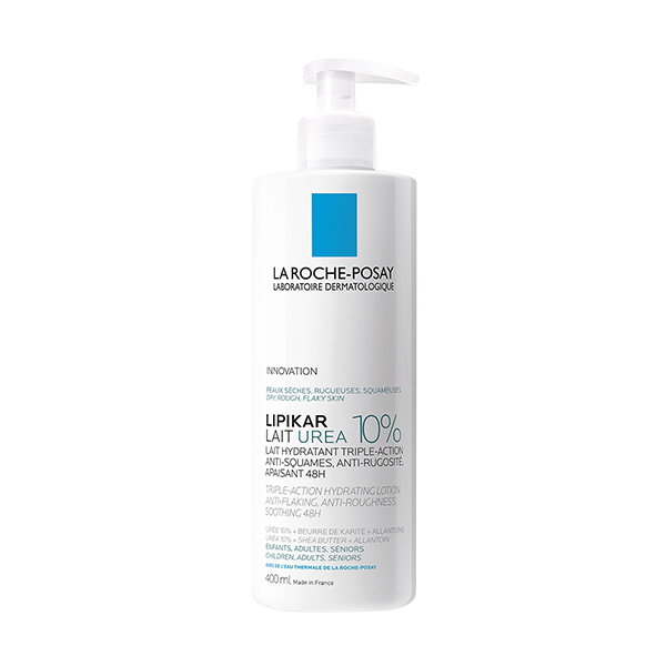 LA ROCHE-POSAY LIPIKAR LAIT UREA 10% telové mlieko 400ml Biela pumpičková fľaša LA ROCHE-POSAY LIPIKAR LAIT UREA 10% telové mlieko, 400 ml, etiketa s modrým a čiernym textom.
