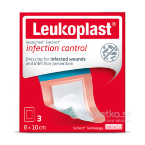 Leukoplast Leukomed Sorbact absorpčná náplasť 8x10cm 3ks balenie, obrázok náplasti, informácie o produkte, červené pozadie.