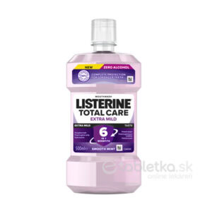 Listerine Total Care Extra Mild ústna voda bez alkoholu 500ml, hladká mäta, šesť účinkov, obsahuje 0 % alkoholu.