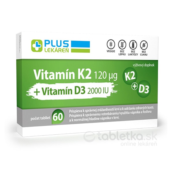 PLUS LEKÁREŇ Vitamín K2 120μg Vitamín D3 2000IU 60 tabliet