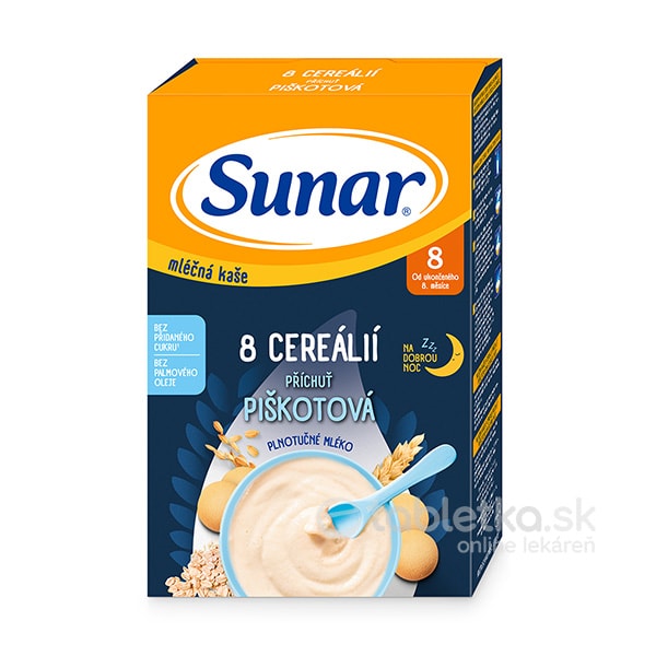E-shop Sunar mliečna kaša 8 Cereálií Na dobrú noc príchuť piškótová 8m+, 210g