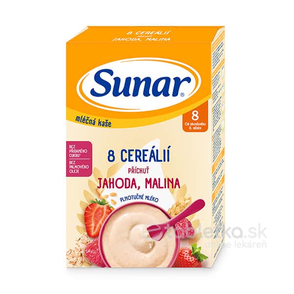 E-shop Sunar mliečna kaša 8 Cereálií príchuť jahoda, malina 8m+, 210g