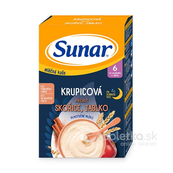 E-shop Sunar mliečna kaša Krupicová Na dobrú noc príchuť škorica, jablko 6m+, 210g