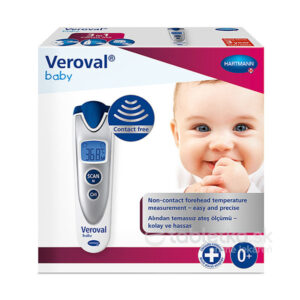 Krabica Veroval Baby bezdotykového infračerveného teplomera, zariadenia, logo značky a tvár dieťaťa, vhodné pre novorodencov.