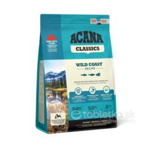 Taškovo-béžové 2kg balenie ACANA Classics Recipe Wild Coast, predná strana s informáciami, logom a motívom pobrežia.
