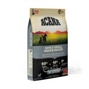 6kg balenie krmiva ACANA Recipe Adult Small Breed pre malé psy, na pozadí východnej slnka so siluetami zvierat.