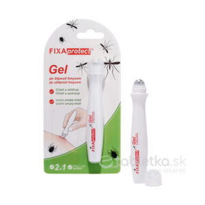 FIXAprotect gél po uštipnutí hmyzom 2v1 roll-on 10ml v obale a otvorenej tube, s grafikou hmyzu a informáciami o produkte.
