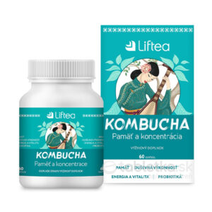 Fľaša a škatuľa Liftea KOMBUCHA Pamäť a koncentrácia 60 kapsúl v tyrkysovom obale s ilustráciou ženy s hudobným nástrojom.