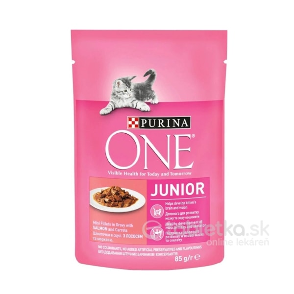 E-shop PURINA ONE Junior mini filetky s lososom a mrkvou v šťave 26x85g