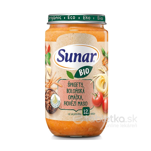 E-shop Sunar Bio príkrm Špagety, omáčka, hovädzie mäso s olivovým olejom 12m+, 235g