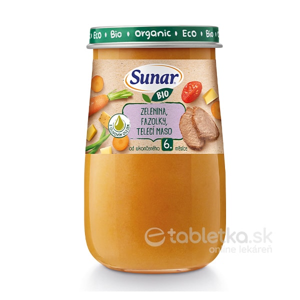 E-shop Sunar Bio príkrm Zelenina, fazuľky, teľacie mäso s olivovým olejom 6m+, 190g
