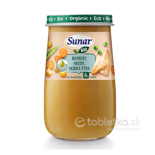 E-shop Sunar Bio príkrm Zemiaky, hrášok, morská šťuka s olivovým olejom 6m+, 190g