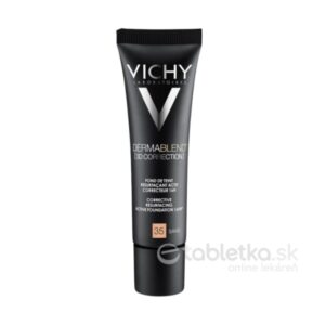 Čierna tuba VICHY Dermablend 3D korekčný make-up 35 (Sand) 30ml stojí vzpriamene, má priehľadné viečko a jednoduchý dizajn.