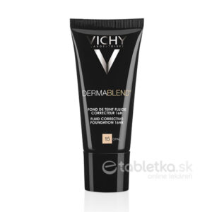 30 ml tuba VICHY Dermablend korekčný make-up 15 (Opal) postavená na bielom pozadí, text orientačne udáva krytie.