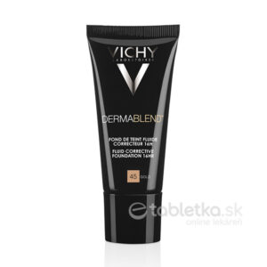 Čierna tuba VICHY Dermablend korekčný make-up 45 (Gold) 30 ml stojí vzpriamene na bielom pozadí.