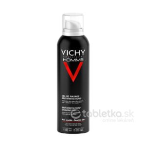 150ml čierna plechovka VICHY HOMME gél na holenie pre citlivú pokožku, biely vrchnák, červený a biely text na etikete.