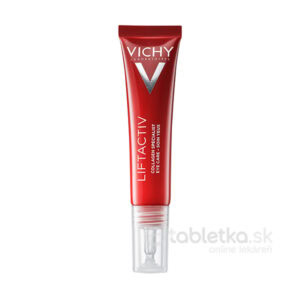 Červená tuba VICHY LIFTACTIV COLLAGEN SPECIALIST očného krému proti vráskam 15 ml s priesvitným viečkom na bielom pozadí.