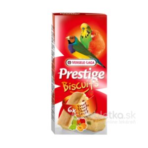 Na balení Versele Laga Pamlsky Prestige Biscuits Birds Fruit 6x70g sú zobrazené tri farebné vtáky a ovocie.
