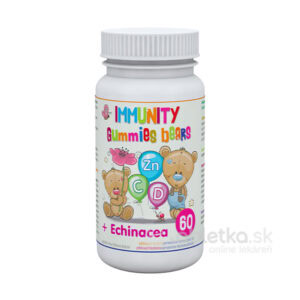 Biela fľaša Clinical-Immunity Gummies bears + Echinacea, 60ks, dve ilustrácie medveďov, balóny Zn, C a D.