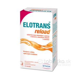 ELOTRANS reload prášok na prípravu nápoja 15 vrecúšok je izotonický nápoj s elektrolytmi, glukózou a pomarančovou príchuťou.