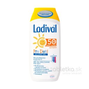 Ladival PRE DETI ALLERG SPF 50+, 200ml gél na opaľovanie so žltým viečkom a slovenským textom na etikete pre deti s alergiou.