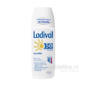 150ml fľaša Ladival ALLERG SPF 50+ spreja na ochranu pokožky, určený na citlivú pokožku, s českým textom na obale.