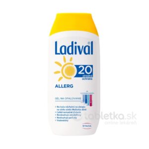 Ladival ALLERG SPF 20 gél na opaľovanie 200ml so žltým vrchnákom a modrým textom na bielom pozadí pre alergickú pokožku.