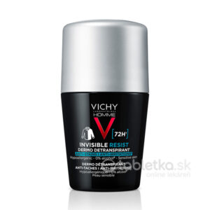 VICHY Homme Invisible Resist 72H roll-on antiperspirant, 50 ml, čierna a strieborná fľaša, chráni pred pachom a škvrnami, vhodný pre citlivú pokožku.