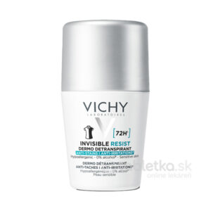 50ml VICHY Invisible Resist 72H roll-on deodorant so strieborným vrchnákom a bielym telom, určený na citlivú pokožku.
