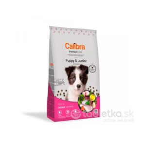 12kg balenie Calibra Dog Premium Line Puppy&Junior s obrázkom šteniatka a ingrediencií na prednej strane obalu.
