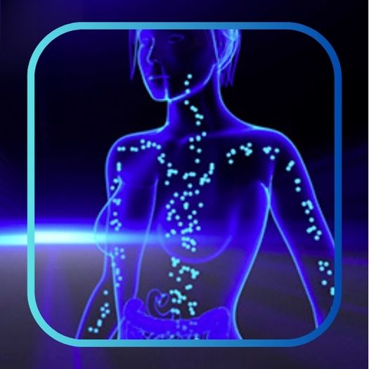 Digitálna ilustrácia tela s modrými bodmi, ktoré zvýrazňujú cieľovú oblasť dopravy koezýmu Q10 v tele - na tmavom pozadí.