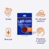 Uprostred je krabička GS Koenzým Lipo Q10 60 mg 60 kapsúl, okolo sú ikony srdca, energie, mozgu a statínu. Slovenský text informuje o prínosoch pre srdce, energiu a nervovú sústavu.
