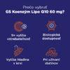 Informačný graf uvádza vlastnosti GS Koenzým Lipo Q10 60mg: vstrebateľnosť, dostupnosť, hladina v krvi, vhodné k statínom.