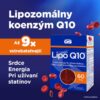 Obrázok zobrazuje GS Koenzým Lipo Q10 60 mg 60 kapsúl, balenie s červenými kapsulami a informáciami o vstrebávaní a účinkoch.